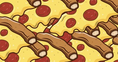 Seamless cartoon pizza pattern with cheese and pepperoni