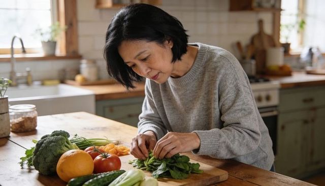 Asian woman trimming fresh herbs on wooden board in rustic farmhouse kitchen by sunlit window