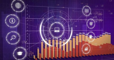 3d rising bars and circular hud laptop visualizing data growth on futuristic dashboard