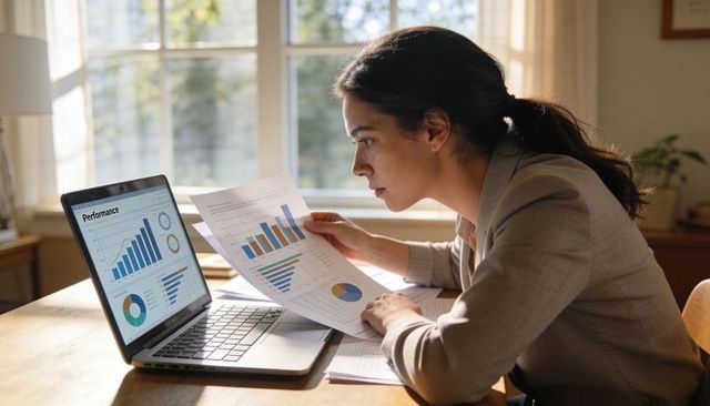 Focused businesswoman analyzing performance charts on laptop while working remotely
