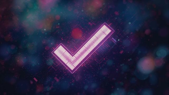 Futuristic neon check mark in digital interface
