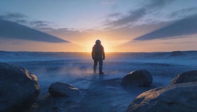 Astronaut standing on frozen plain at sunrise surrounded by mist, frost and rocks