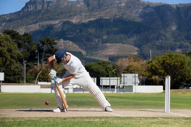 Batsman in action playing cricket on a field with a scenic mountain backdrop on a sunny day. Ideal for use in sports promotions, outdoor activity advertisements, and travel brochures highlighting scenic sports locations.