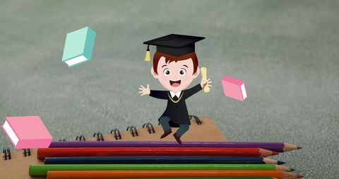 Joyful Graduate Cartoon on Pencils Background