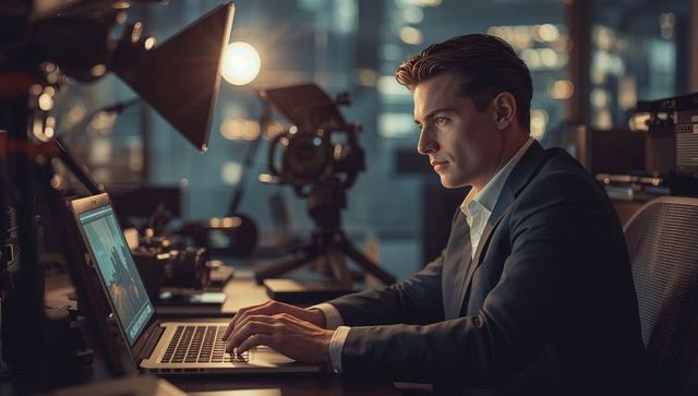 Film editor working on laptop in professional production studio