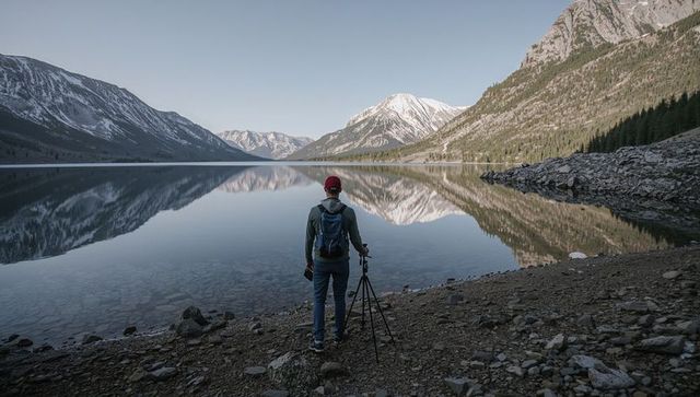 Photographer capturing mountain reflection at alpine lake shore with tripod and backpack