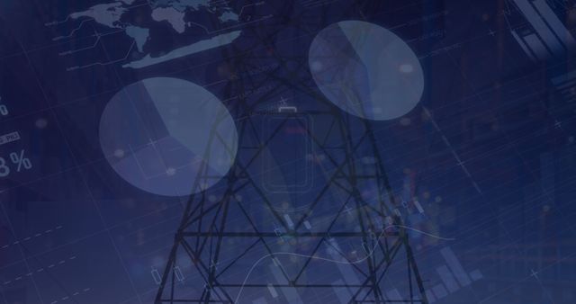 Image of cellphone over infographic interface and low angle view of transmission tower. Digital composite, multiple exposure, global, report, finance, business, electricity and technology.