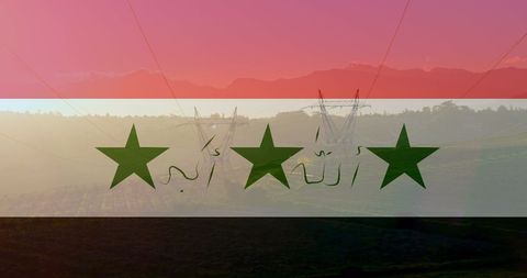 Iraq Flag Overlay on Power Lines Symbolizing Geopolitical Energy Concepts