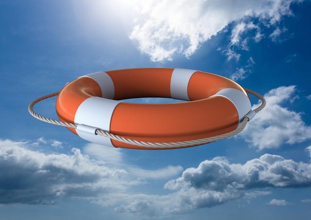 Digital composition of lifebuoy with rope against sky in background