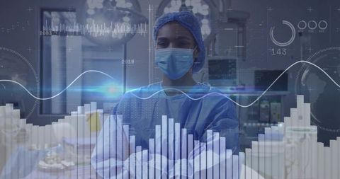 Confident Surgeon in Operating Room with Digital Data Interface