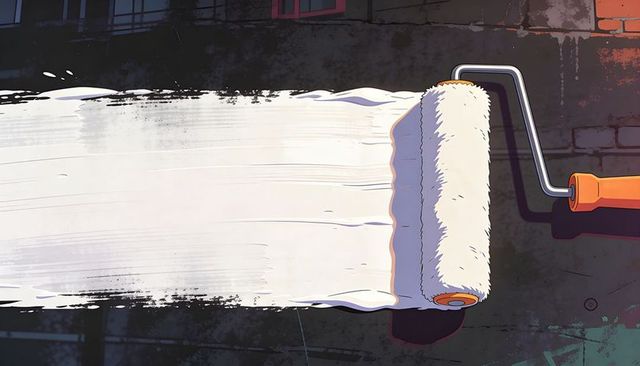 Rolling white paint covering graffiti on urban brick wall with orange-handled roller