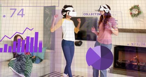 Two women dancing in living room wearing vr headsets with data visualization overlays