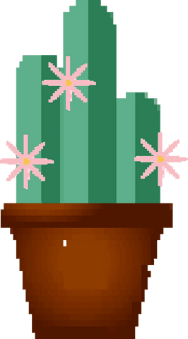Pixel art cactus plant with pink blossoms on transparent background