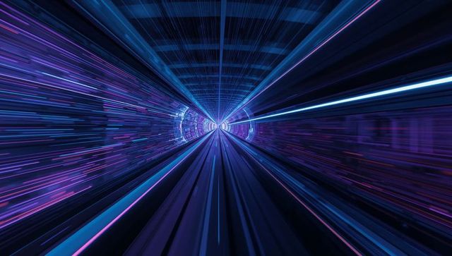 Rushing neon tunnel with twin rails, high-speed motion and futuristic light trails