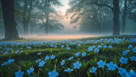 Idyllic clearing with blue forget me not wildflowers enveloped in morning mist