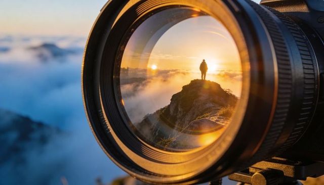 Camera lens framing solo hiker on mountain summit at golden hour sunset above cloud sea