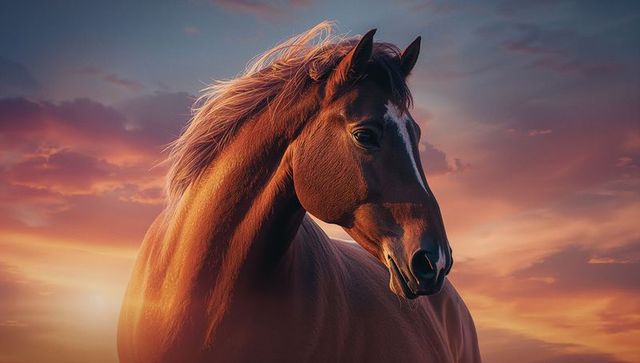 Chestnut horse against stunning sunset with flowy mane