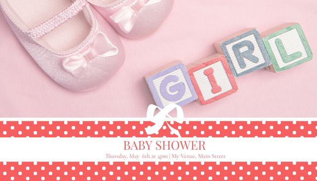 Celebrating a new arrival, this baby shower invitation features delicate baby shoes and pastel blocks spelling GIRL, evoking joy and anticipation. Ideal for gender reveal parties or newborn announcements as well.