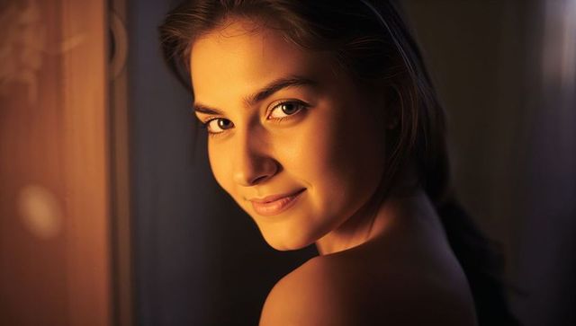 Warm amber portrait of young woman looking over shoulder with soft chiaroscuro lighting
