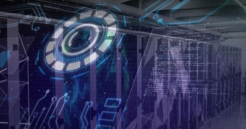 Futuristic Data Center Rack Row Pulsing with Holographic UI Overlays and Floating Code