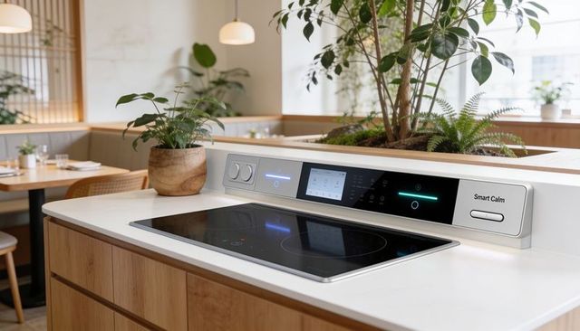 Induction cooktop featuring touchscreen smart calm panel on modern wood kitchen island