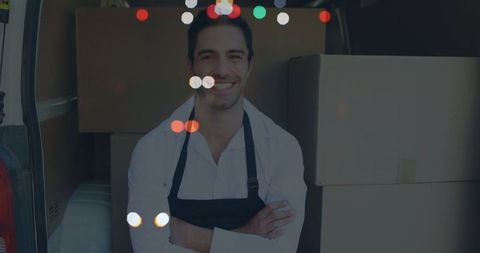 Smiling Delivery Man with Cartons and Digital Overlay