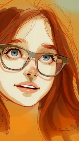 Painted redhead with glasses reacting in vertical video, soft smile turning to gasp