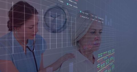 Caucasian Female Doctor Examining Patient with Digital Stock Market Overlay