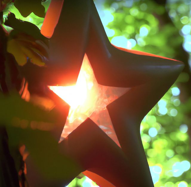 Image of five arm star with light shining through amongst trees in forest. Christmas, shooting star and nature concept.