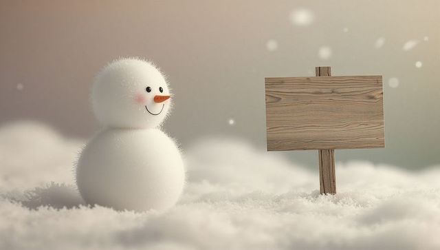 Cute Fuzzy Snowman with Wooden Signpost in Winter Wonderland