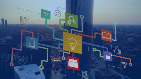 Media and Technology Icons Overlay on Metropolitan Skyline