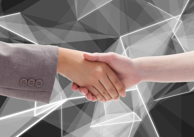 Business executives shaking hands against a digitally generated background. This image can be used to represent successful business deals, partnerships, and professional agreements. Ideal for corporate websites, business presentations, and marketing materials emphasizing collaboration and trust.