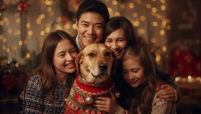 Family Celebrates Holiday with Cozy Dog and Twinkling Lights
