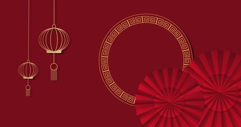 Chinese Lanterns and Circular Motif on Red Background