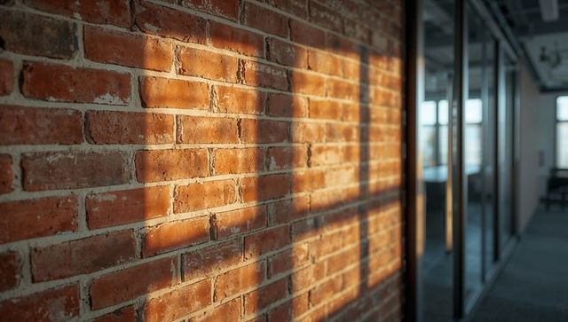 Sunlit Exposed Brick Wall Casting Window-Frame Shadows in Modern Office Corridor