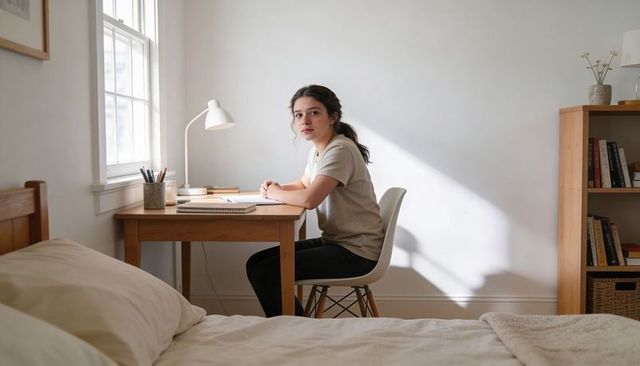 Young woman writing at minimalist bedroom desk in daylight, study corner with bookshelf