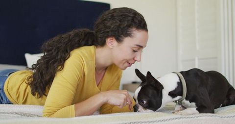 Woman enjoying playtime with boston terrier