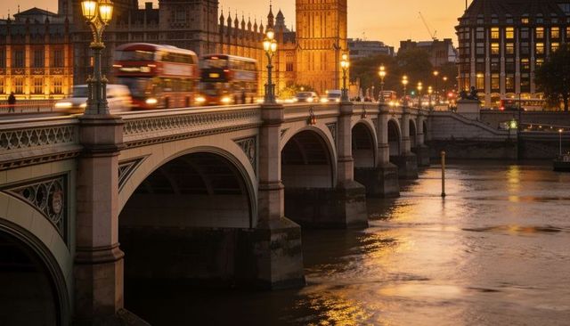 Westminster bridge glowing at dusk with red double-decker buses crossing river thames