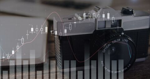Vintage Camera Overlaid with Digital Stock Market Graphs