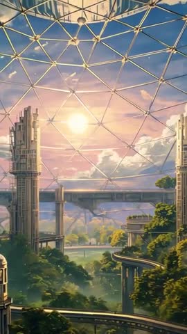 Panning through geodesic dome metropolis at sunset presenting futuristic green habitat