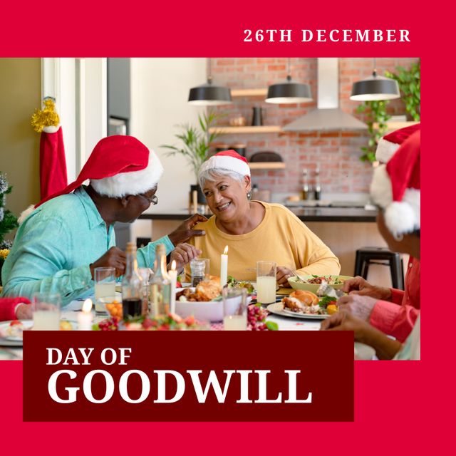 Group of cheerful adults wearing Santa hats, seated around meal. Capturing holiday spirit, perfect for themes about family celebrations, diversity, festive gatherings, Day of Goodwill promotions.