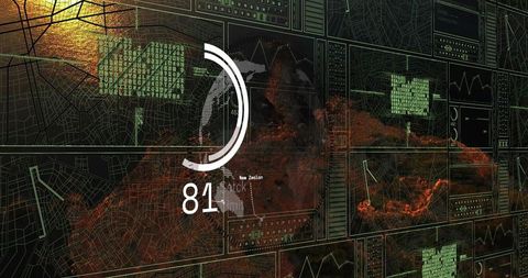 Futuristic geospatial dashboard displaying circular gauge, numeric readout and neon map