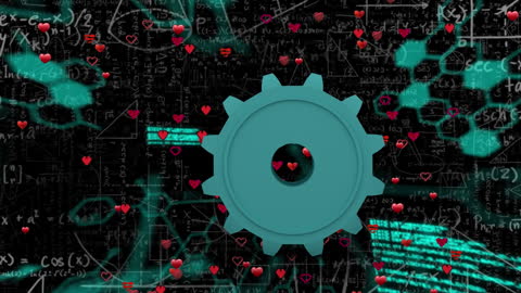 Floating Hearts Over Gear and Math Formulas Establishing Digital Connection
