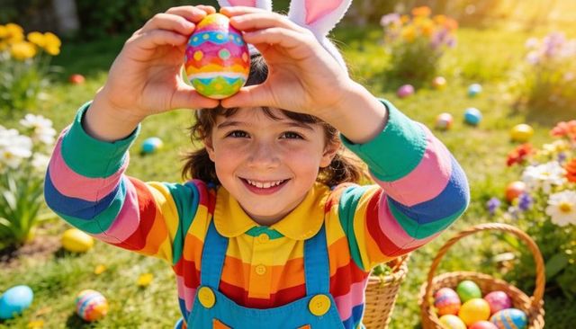 Joyful child wearing bunny ears holding colorful easter egg in sunny spring garden