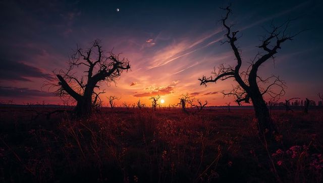 Silhouetted Gnarled Trees in Moody Twilight Landscape