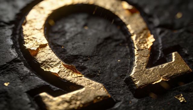 Gilded omega symbol shedding gold leaf on dark textured surface