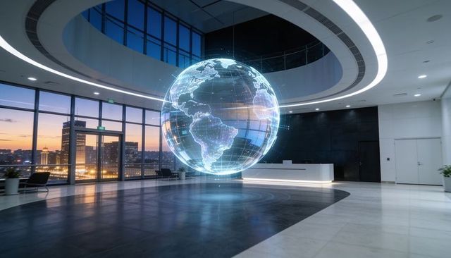 Holographic rotating globe hovering in corporate lobby showing americas at dusk