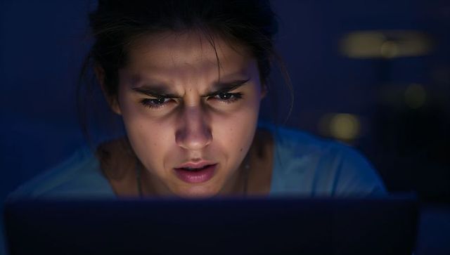 Woman frowning at laptop screen under blue night light concentrating on late-night work