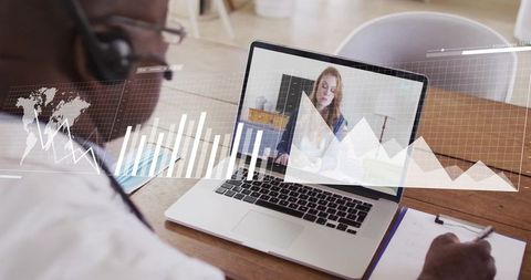 Remote professional collaborating with digital analytics overlay