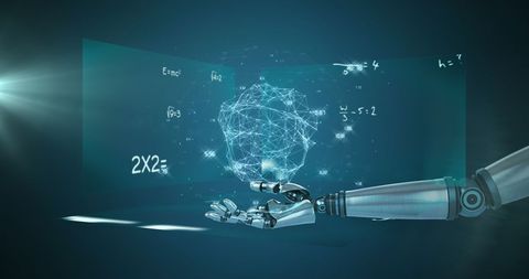 Robotic Hand with 3D Network Globe and Mathematical Equations - Download Free Stock Images Pikwizard.com